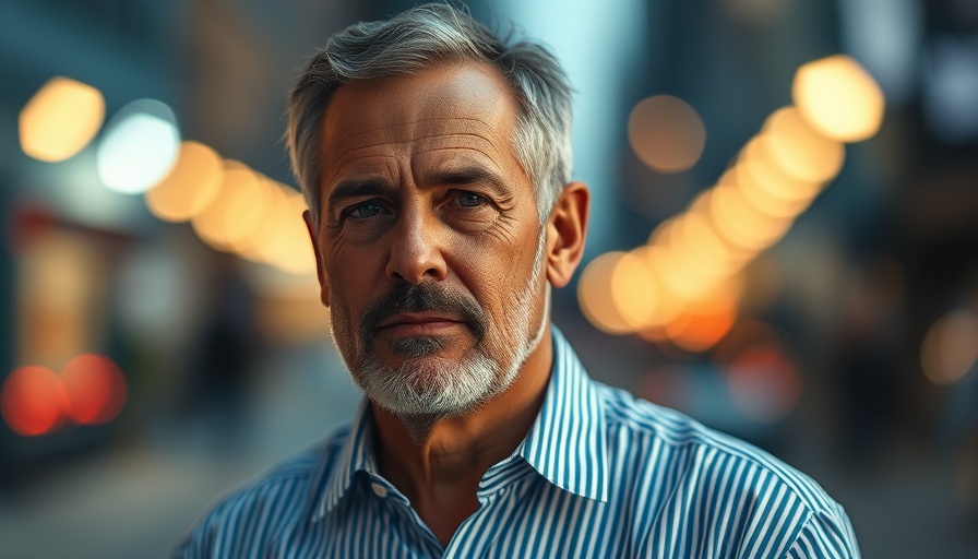 Contemplative middle-aged man with city lights background