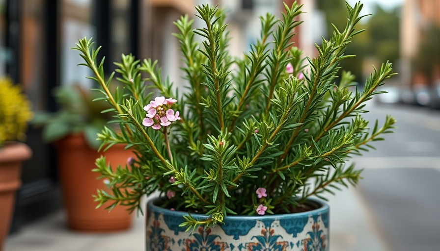 Lush rosemary in a pot with pink blooms, urban setting.