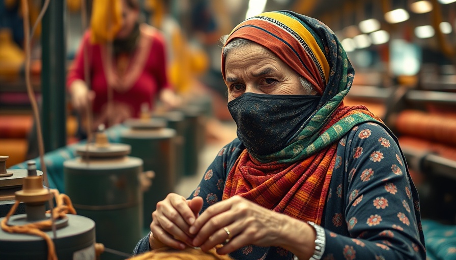 Elderly woman working in textile mill, sustainable fashion theme.