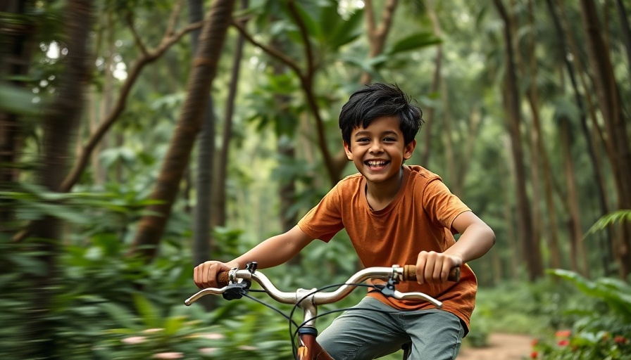 Joyful boy rides bike in tropical forest setting.