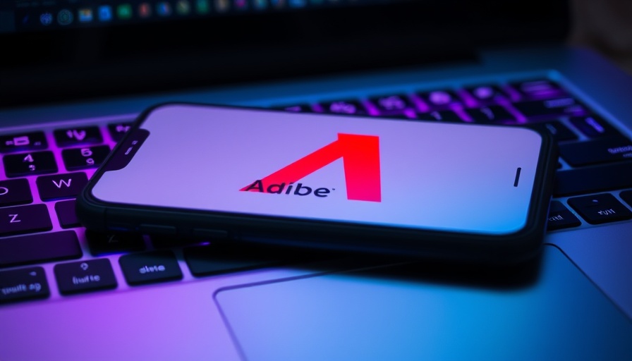 Adobe logo on smartphone with glowing laptop keyboard, Adobe Firefly image generation models.