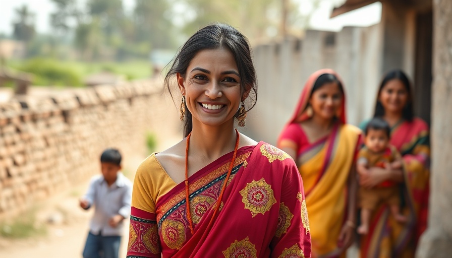 Smiling woman in rural setting, climate risks context.