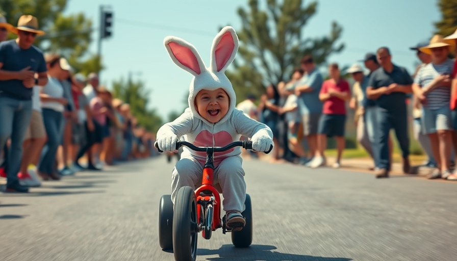 Bring Your Own Big Wheel race with costumed racer and crowd.