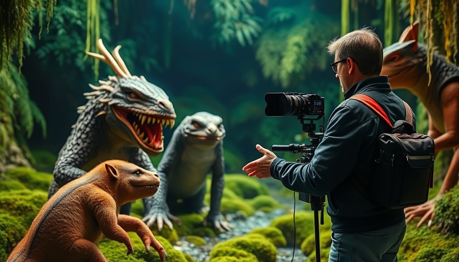 Legend of Ochi film director on set with animatronic creatures.