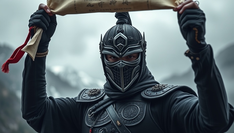 Masked warrior holding scroll in misty landscape, Ghost of Yotei release date