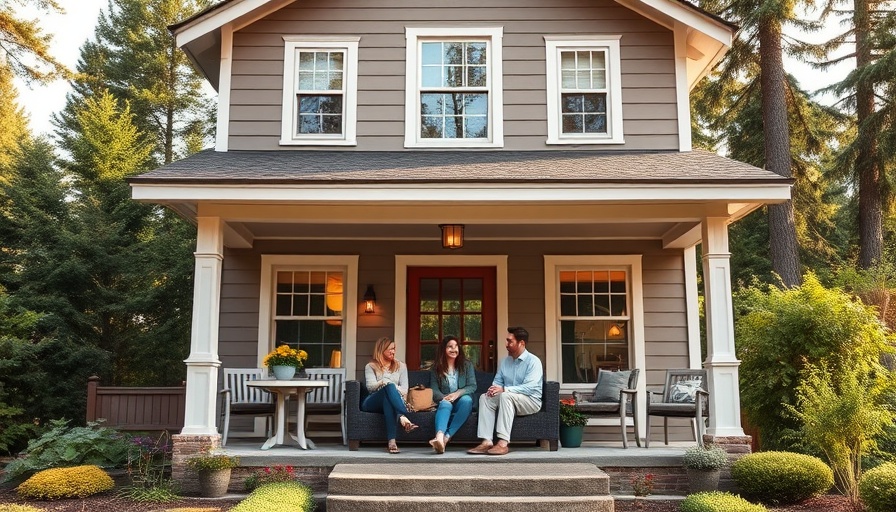 Family on porch of suburban home, serene and inviting environment.