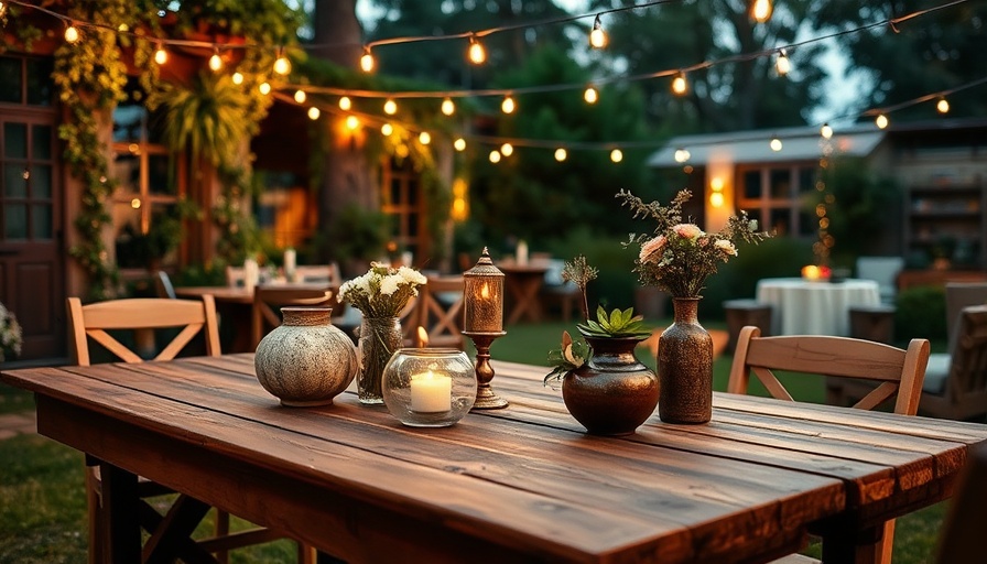 Rustic backyard garden party setup with vases and string lights.