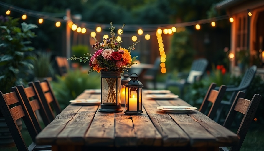 Rustic backyard garden party setup with lantern and flowers.