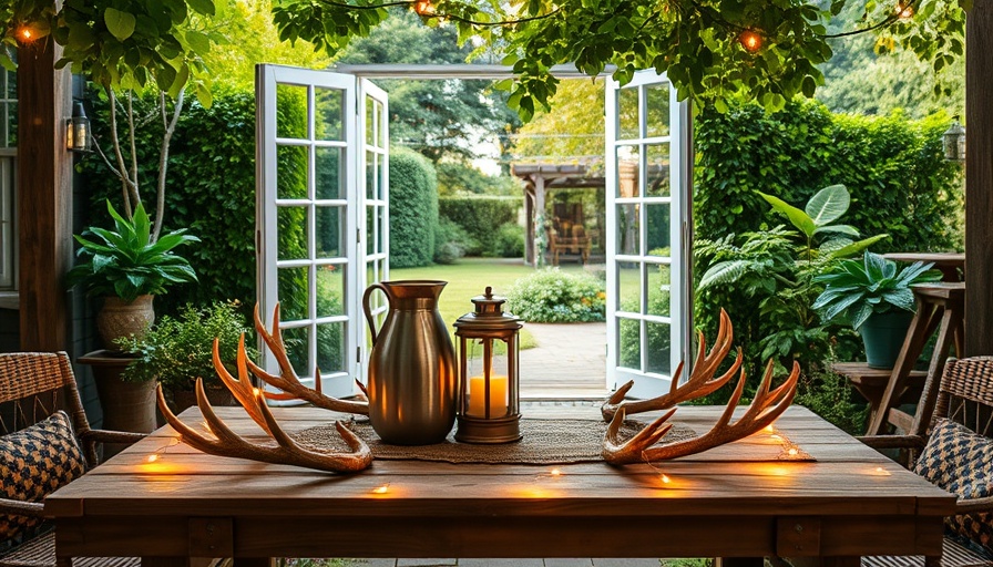 Charming backyard party setup with rustic decorations and warm lighting.
