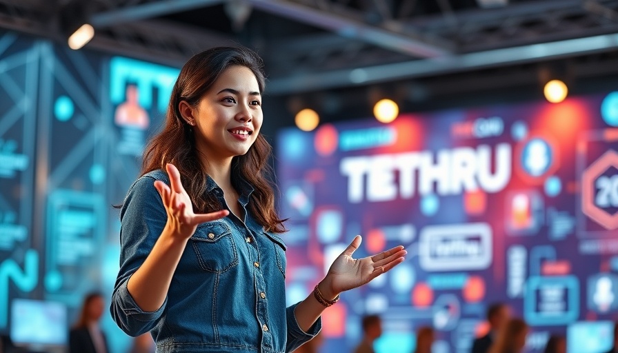 Tech business startups conference presentation by a young woman on stage.