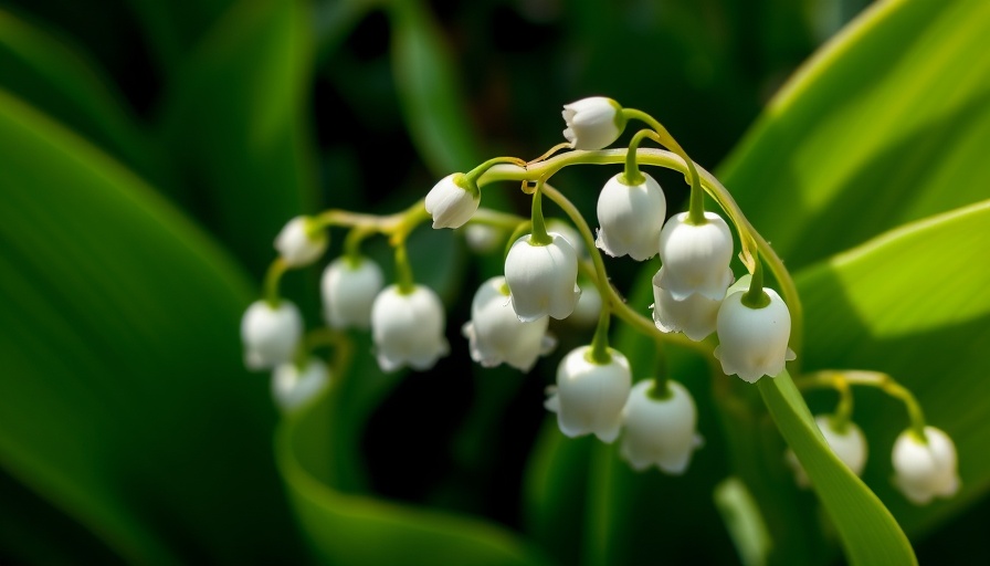 Various Lily of the Valley flowers with lush green leaves.