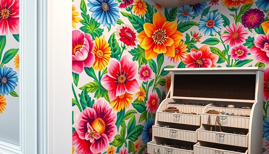 Vibrant floral DIY walk-in closet wallpaper with jewelry storage