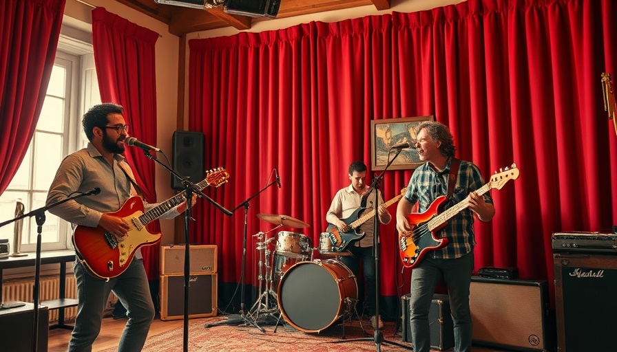 Band performing energetically in warm-lit studio for America Band Documentary Screening.