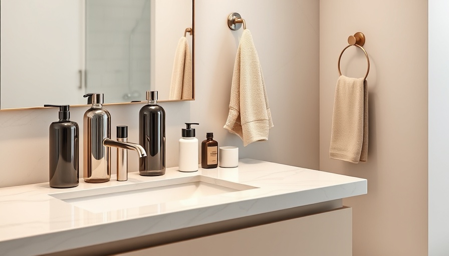Elegant bathroom with skincare items and towel in Jack and Jill bathroom.