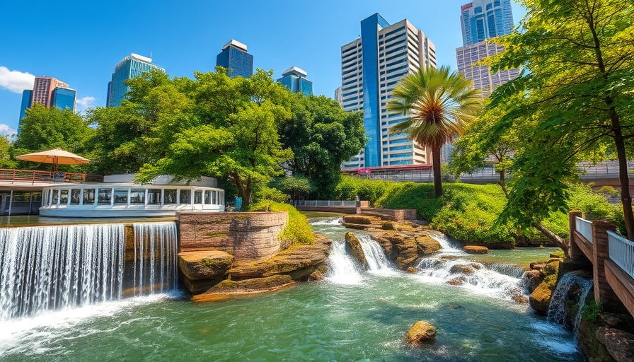 Cityscape with waterfall and greenery in South Carolina, affordable living.