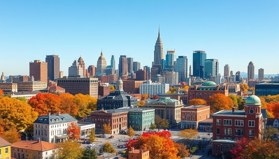 Philadelphia cityscape with autumn colors, skyline view.