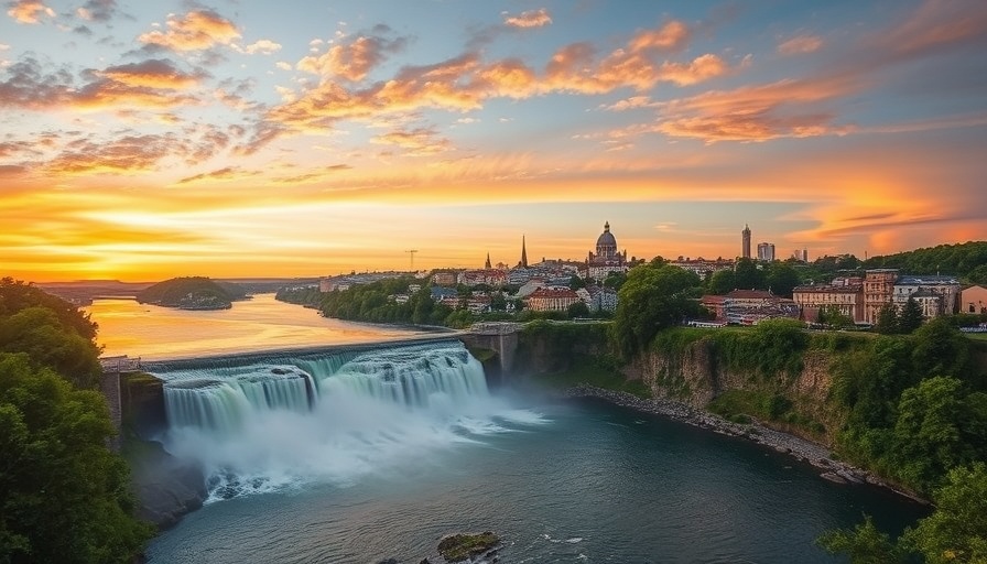Scenic view of a small city in New York with a waterfall at sunset.