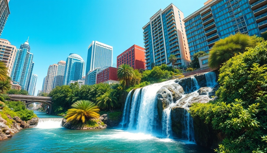Cityscape with waterfall in affordable South Carolina community