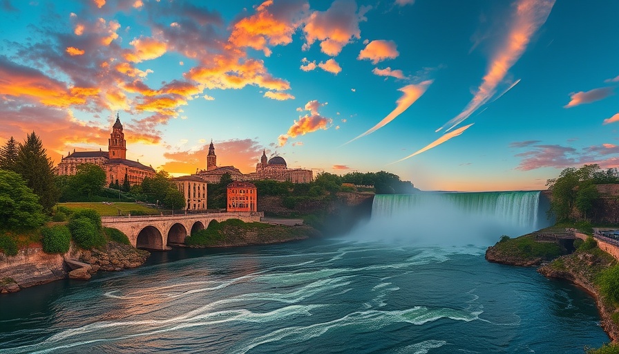 Scenic view of a waterfall in an urban setting at sunset.