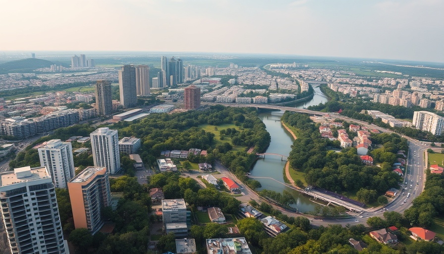 Aerial view of an Oregon cityscape with greenery and a river