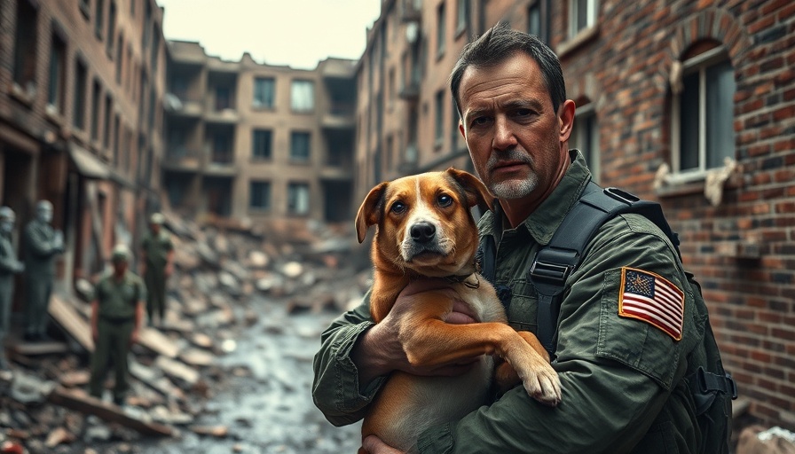 Military medic with dog amid urban destruction in Ukraine conflict.