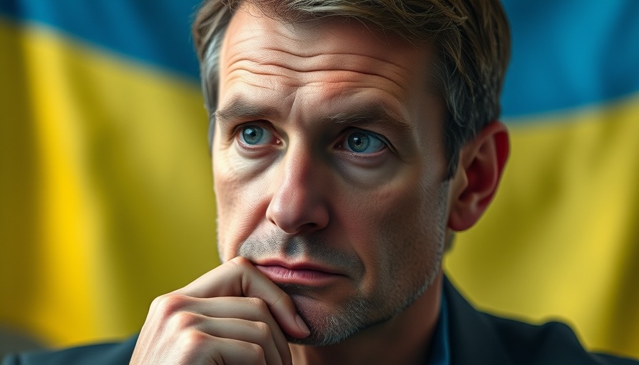 Thoughtful man pondering debt strategy with Ukrainian flag.