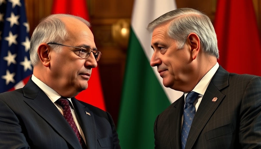 Political leaders discussing unilateral tariffs, featuring national flags.