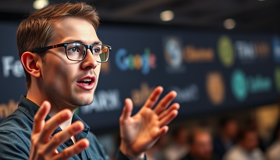 Man discussing hyper personalized ads at startup competition.