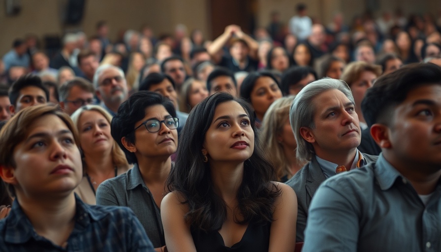 Crowd intently watching event, varied expressions, indoor gathering.