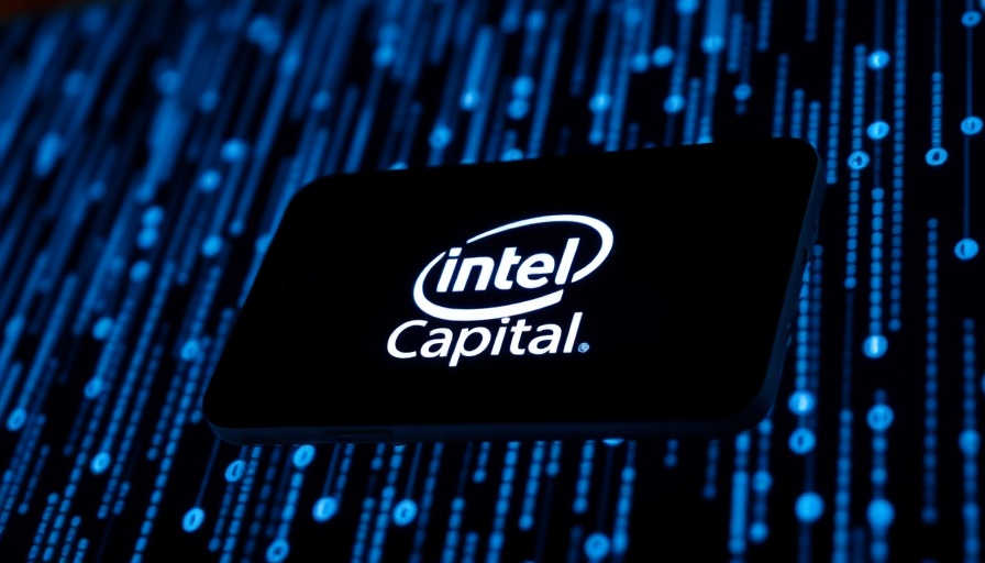Intel Capital logo on phone, digital blue code background.