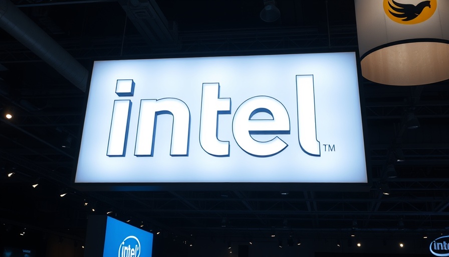 Illuminated Intel logo in exhibition space.