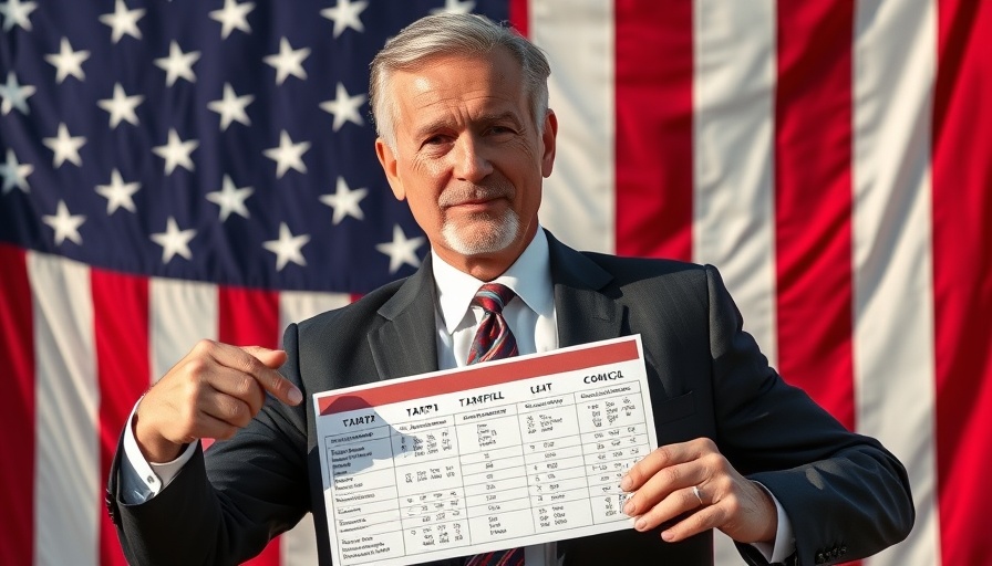 AI policy changes copyright tariffs visualized by a man presenting tariffs chart.