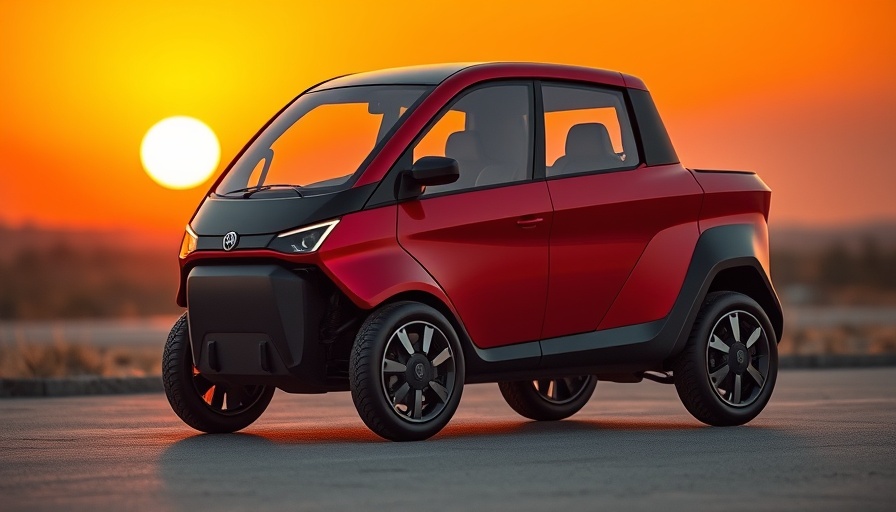 Sleek modern compact electric truck in red and black at sunset.