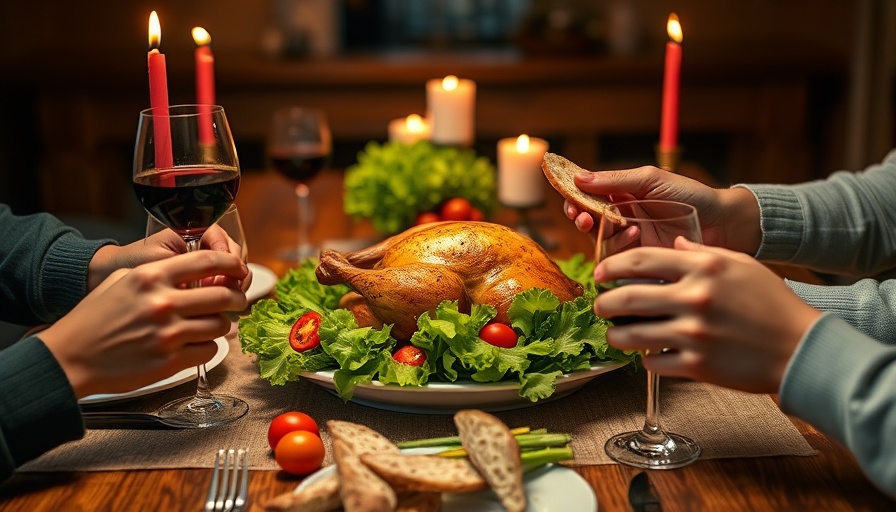Dinner table with roasted chicken, bread, and drinks; chicken cancer risk topic.