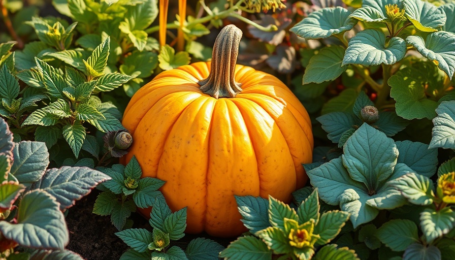 Pumpkin surrounded by lush companion plants in a garden.