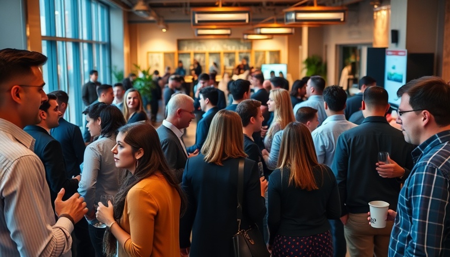 Professionals networking at TechCrunch business startup event.