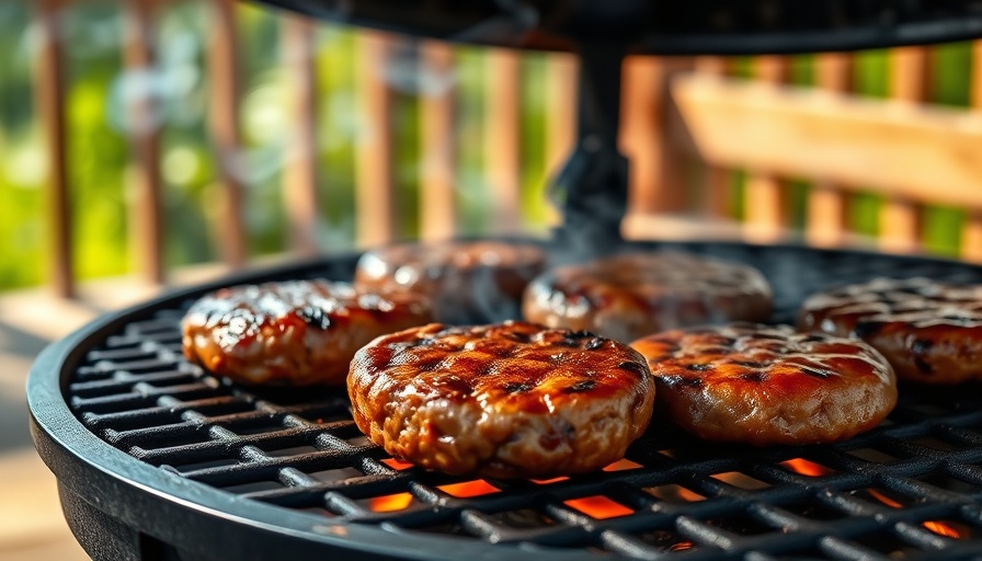 Sizzling burgers on an outdoor grill station with smoke rising.