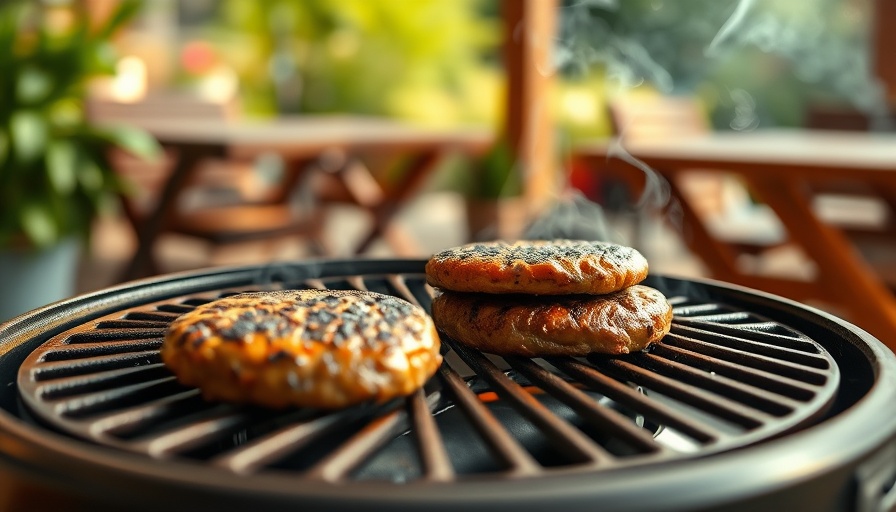 Outdoor grill with burgers cooking, smoke rising.