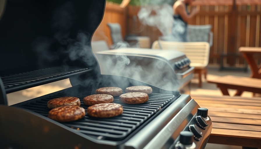 Outdoor grill station ideas with burgers sizzling on the grill.