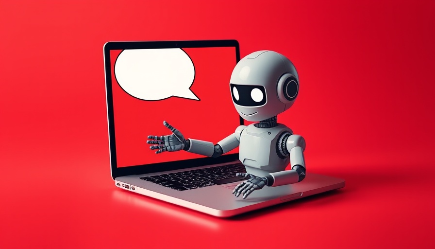 Robot on laptop screen with speech bubble, digital illustration.