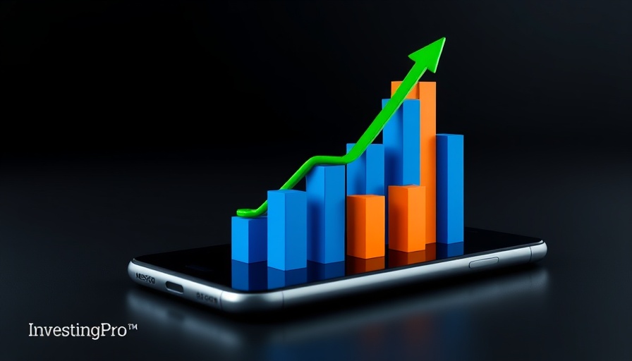 3D bar chart with upward arrow on smartphone, Stock market news