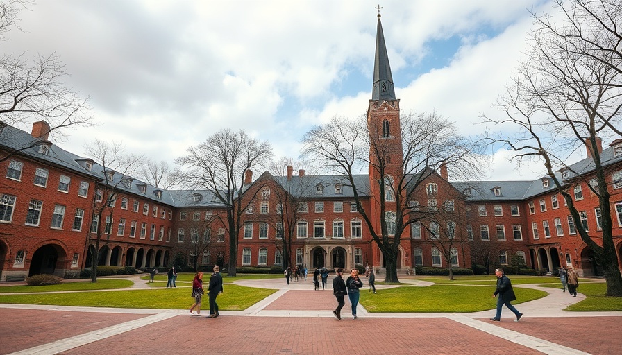 University courtyard with students, historic building in the background.