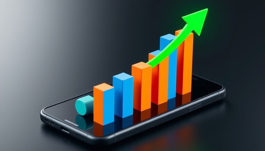 3D financial chart on smartphone, economic growth indicator.