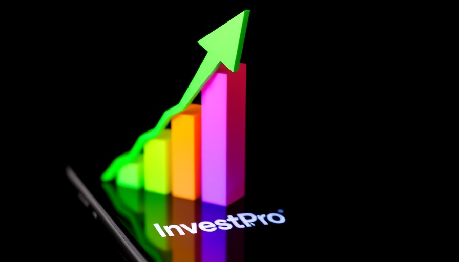Modern investing app graphic with bar chart and green arrow.