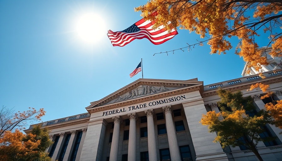 Federal Trade Commission building with flag, sunny day.