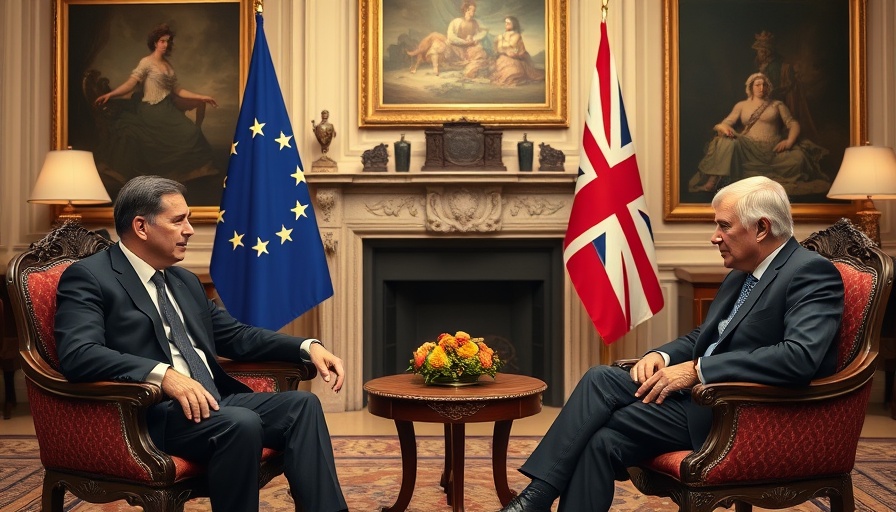 Officials discussing UK access to EU market in elegant room.
