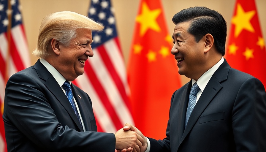 Two leaders discussing trade, backdrop of U.S. and Chinese flags.
