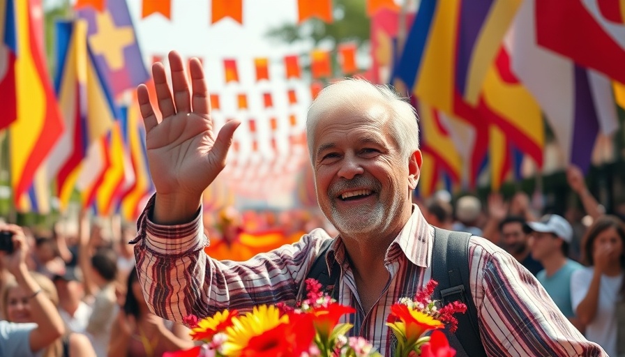 Man waving during a parade, surrounded by flags and flowers.