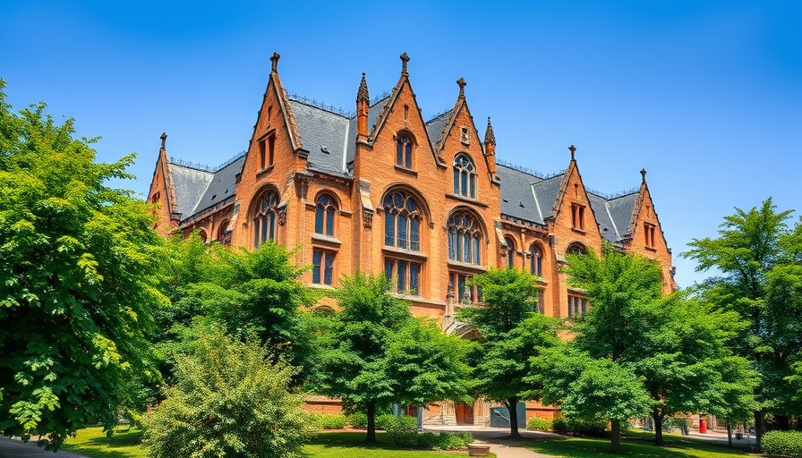 Gothic university building surrounded by greenery under a blue sky.