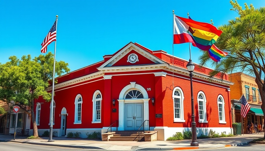 Historic red Novato town hall under blue sky with flags.